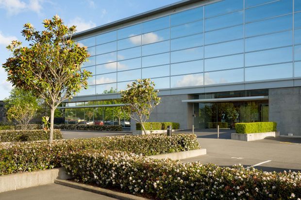 Exterior view of a modern commercial building with a broad glazed curtain-wall facade, exposed grey concrete or masonry lower walls, and a recessed entrance marked with the number 7. The landscaped forecourt includes clipped hedges, flowering shrubs, small trees, paved walkways, and bollards.