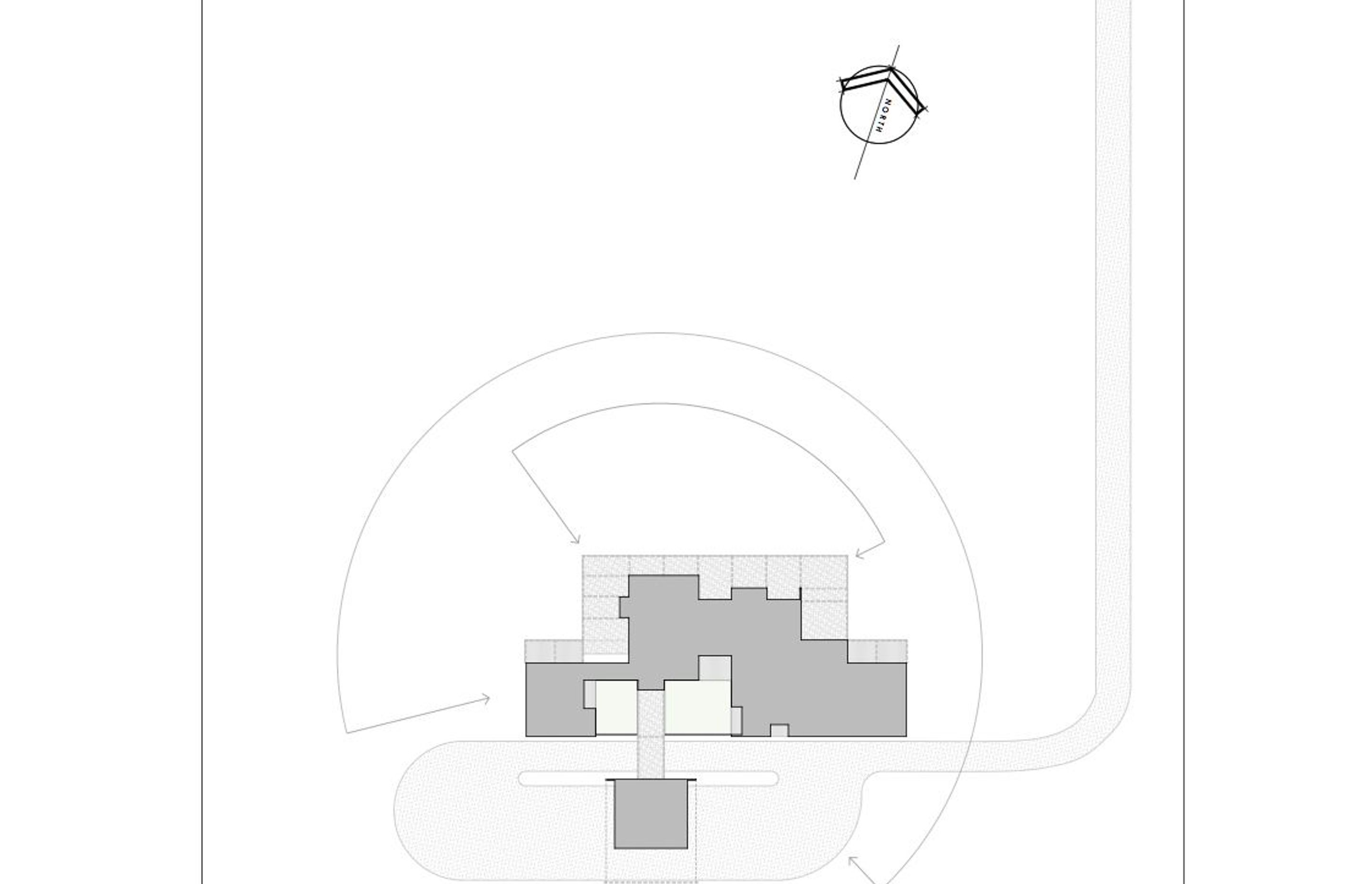 Site plan of Alpine Retreat with roads lying along the north and south boundaries, by Barry Connor Design. Scale 1:300.