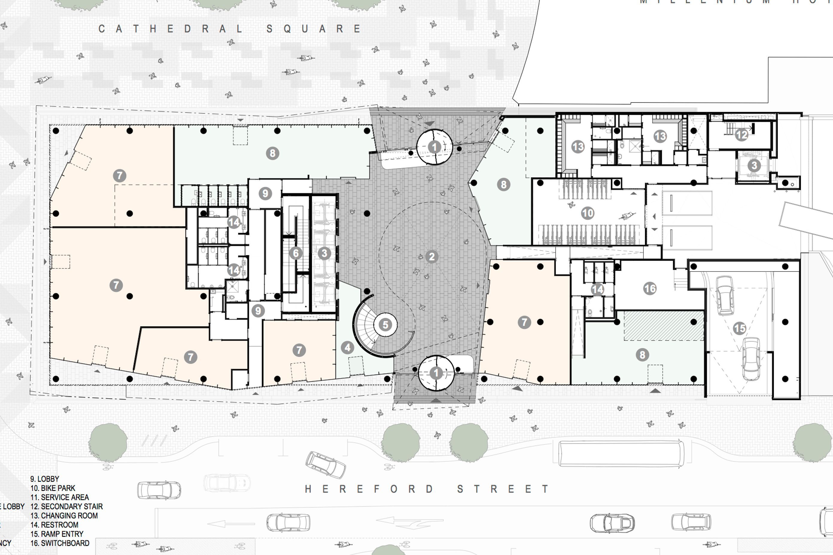 2 Cathedral Square, Christchurch – ground-floor plan by Sheppard &amp; Rout Architects.