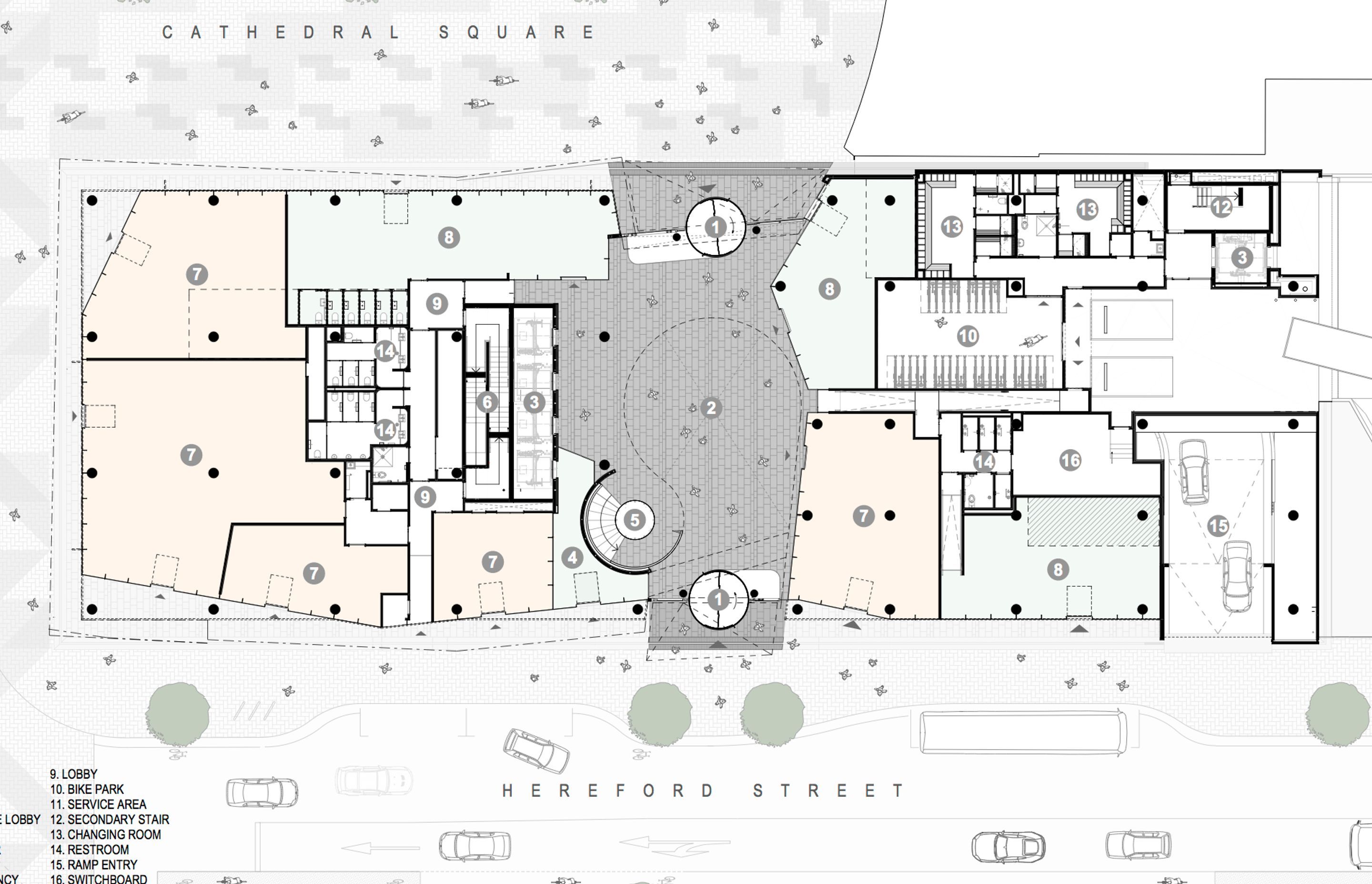 2 Cathedral Square, Christchurch – ground-floor plan by Sheppard &amp; Rout Architects.