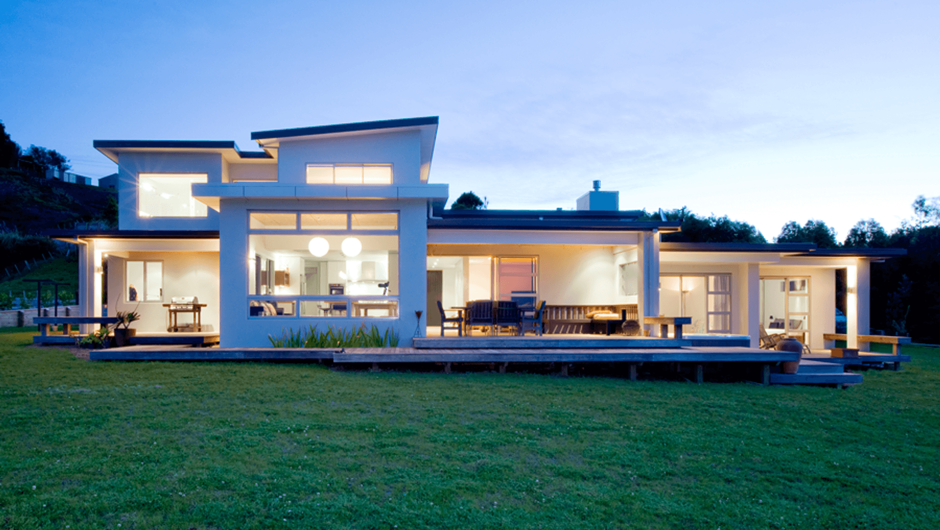This contemporary four bedroom family home was built to take advantage of the city and coastal views this Minden site provided.