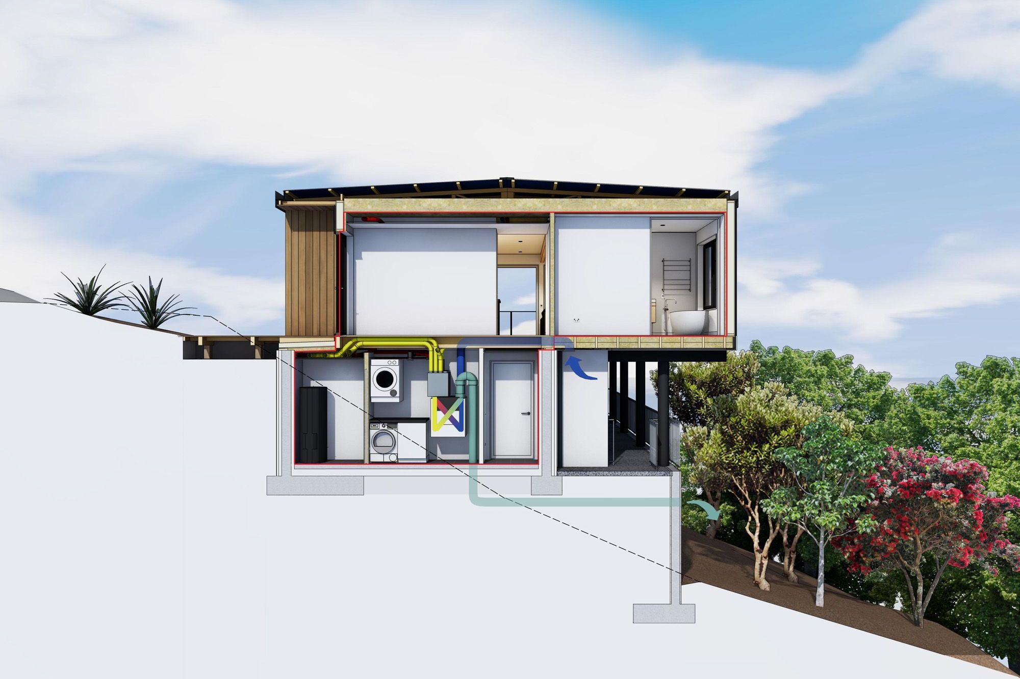 Sectional perspective by Architype shows the mechanical heat recovery system that delivers fresh air throughout the house.