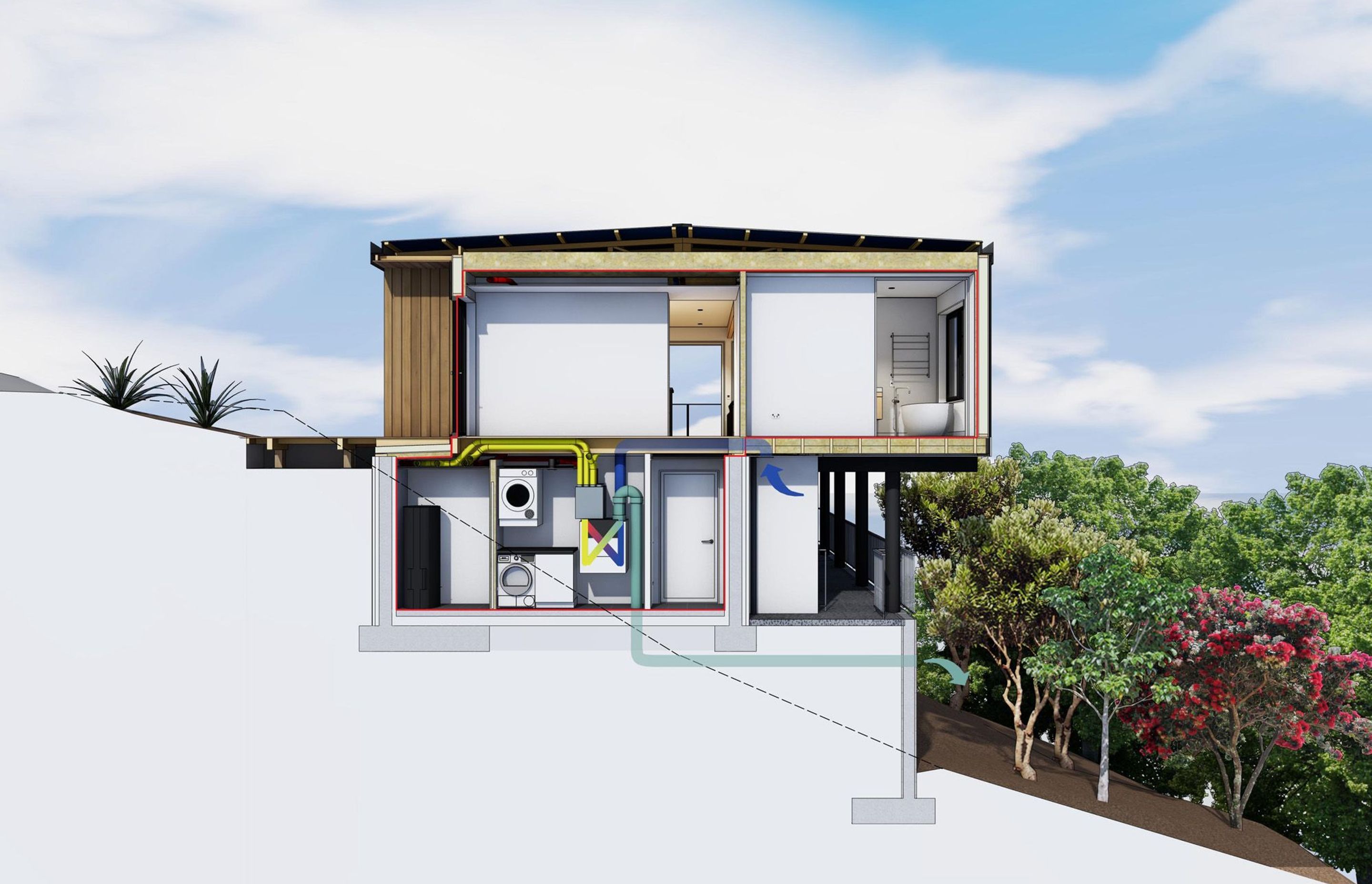 Sectional perspective by Architype shows the mechanical heat recovery system that delivers fresh air throughout the house.