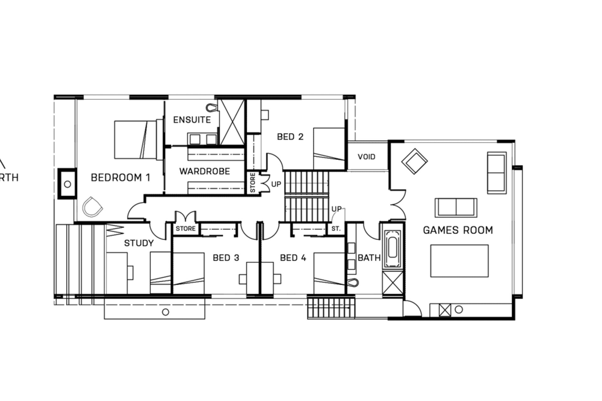 The house is organised into different zones through split levels with the entry and garaging stepping up to the main living areas which connect to the northwest facing gardens. The next split level up is the games room which enjoys the outlook east over t