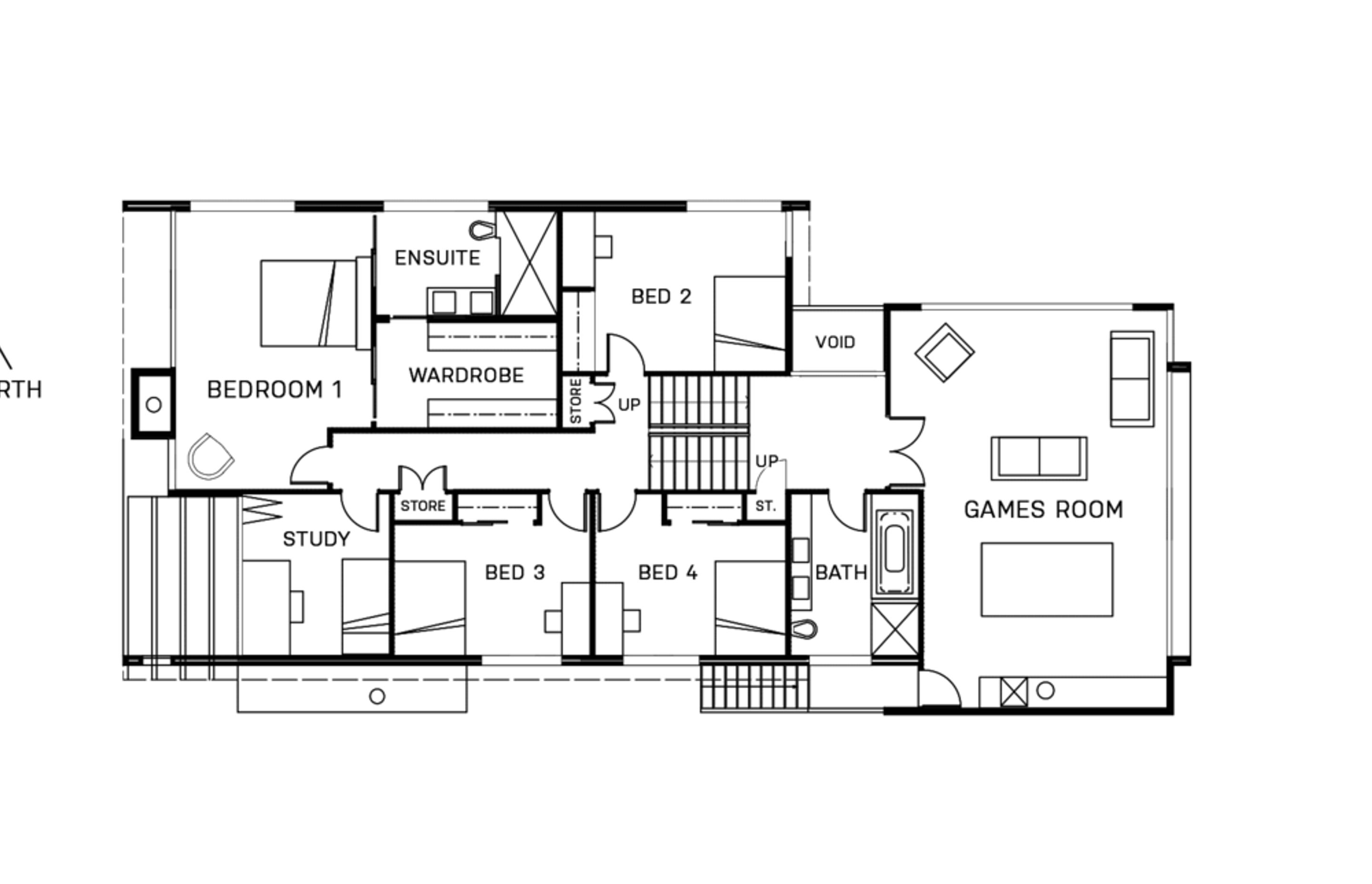 The house is organised into different zones through split levels with the entry and garaging stepping up to the main living areas which connect to the northwest facing gardens. The next split level up is the games room which enjoys the outlook east over t