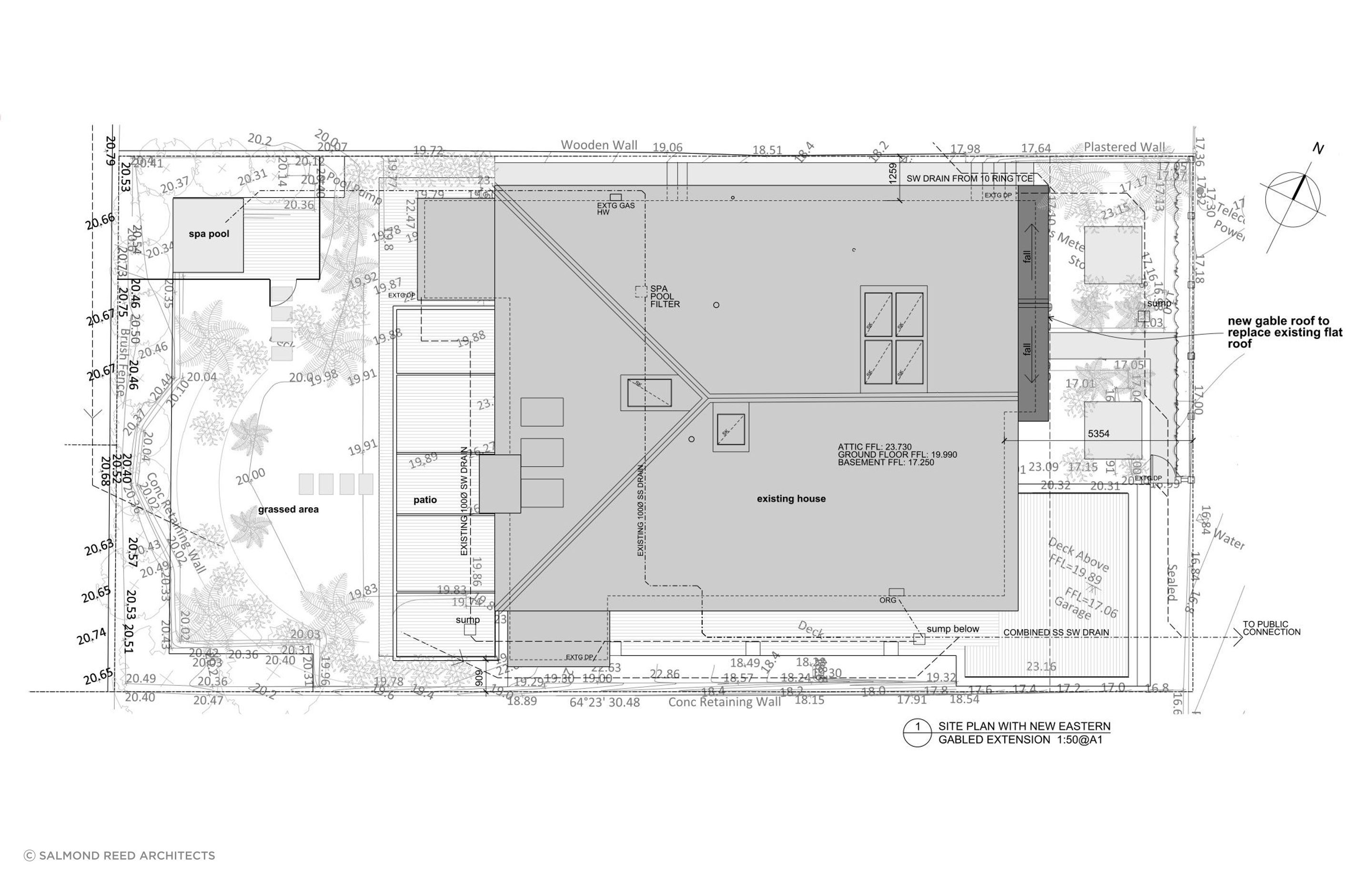The site plan show the existing house and the new eastern gabled extension.