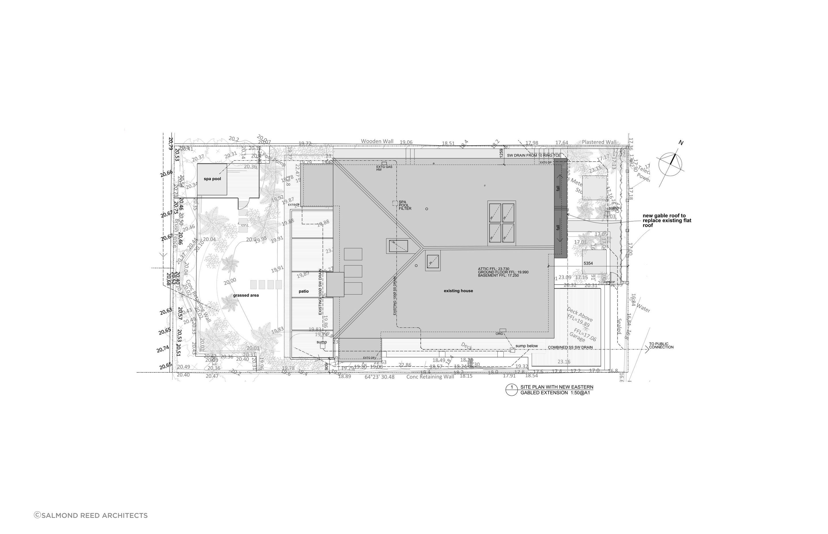 The site plan show the existing house and the new eastern gabled extension.