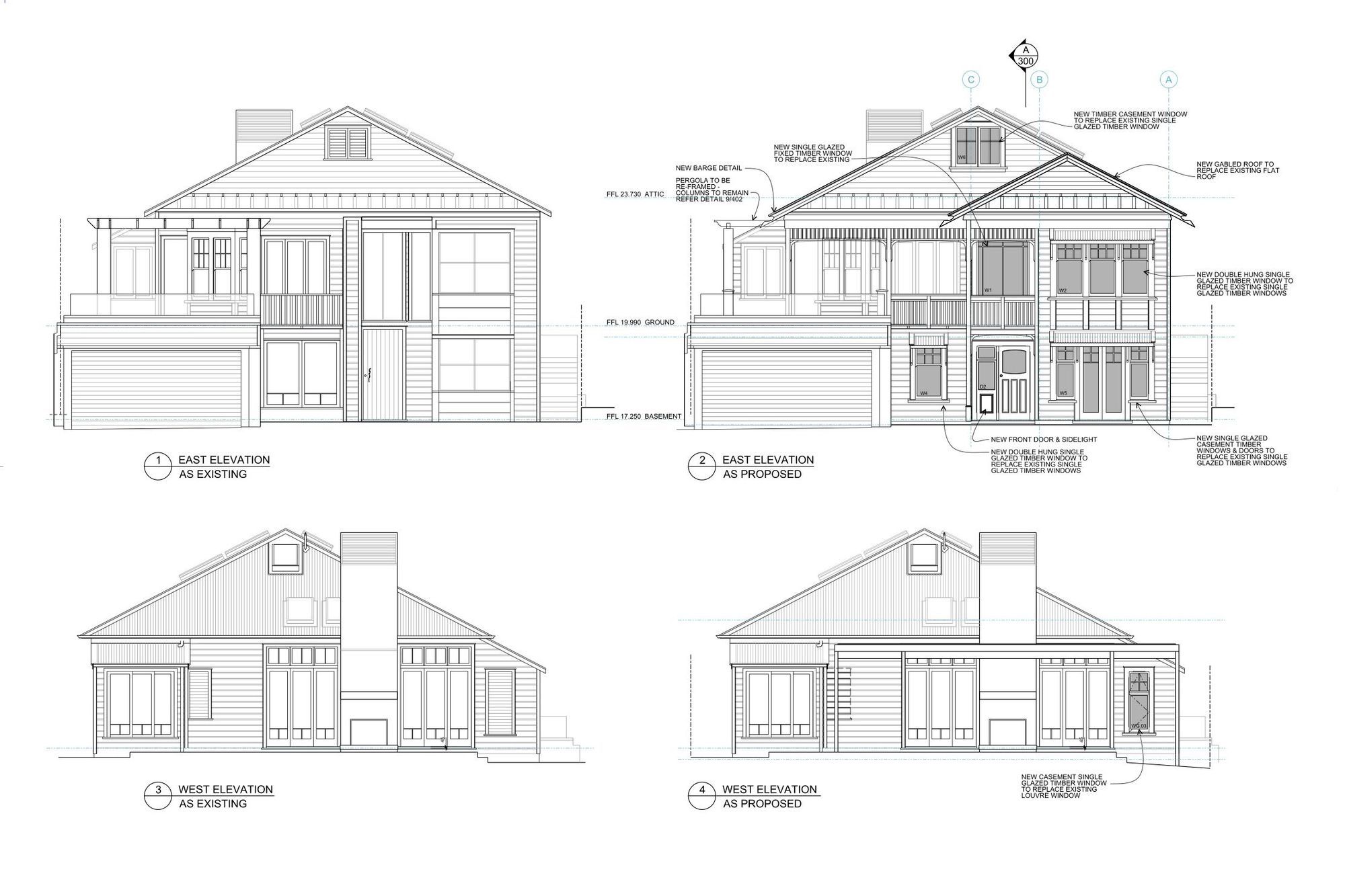 Existing and proposed east elevations (top) and existing and proposed west elevations (bottom).