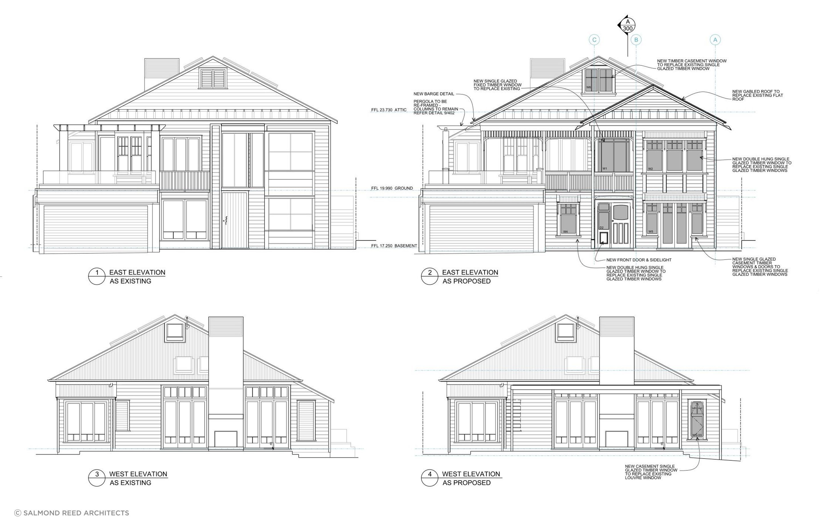 Existing and proposed east elevations (top) and existing and proposed west elevations (bottom).