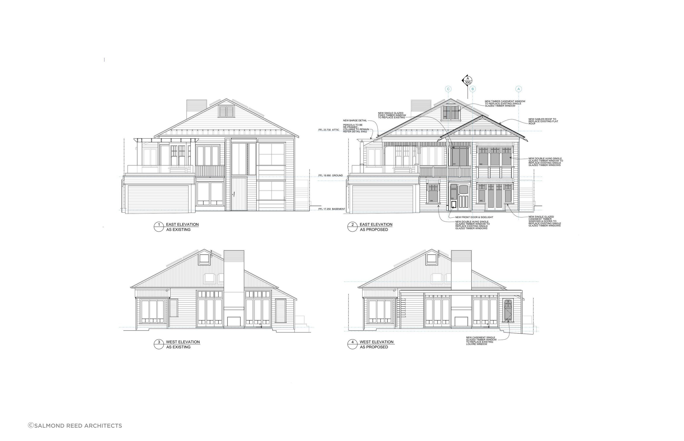 Existing and proposed east elevations (top) and existing and proposed west elevations (bottom).