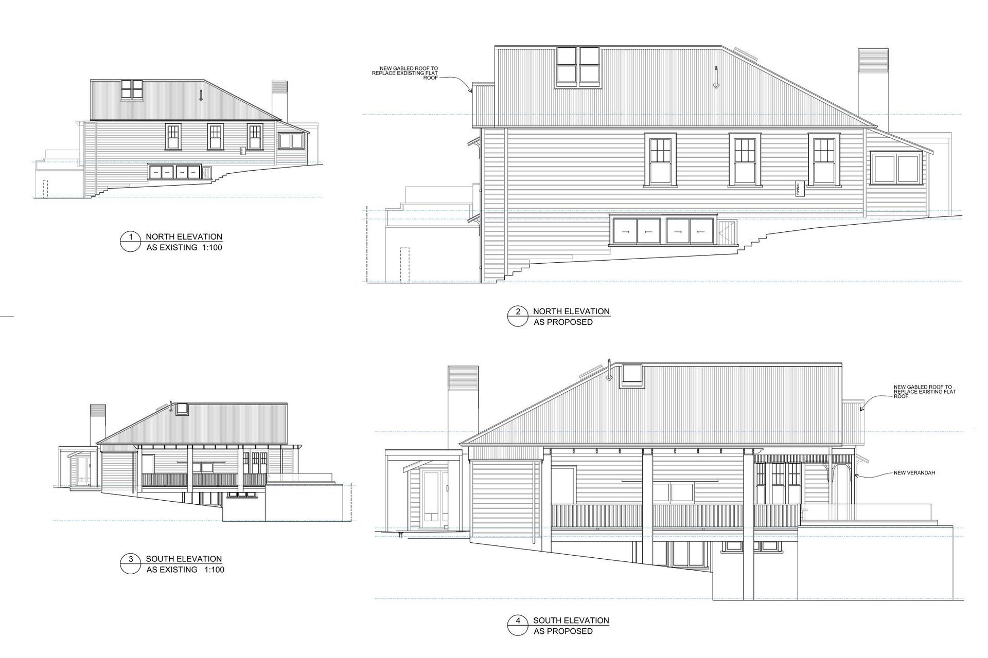 Existing and proposed north elevations (top) and existing and proposed south elevations (bottom).