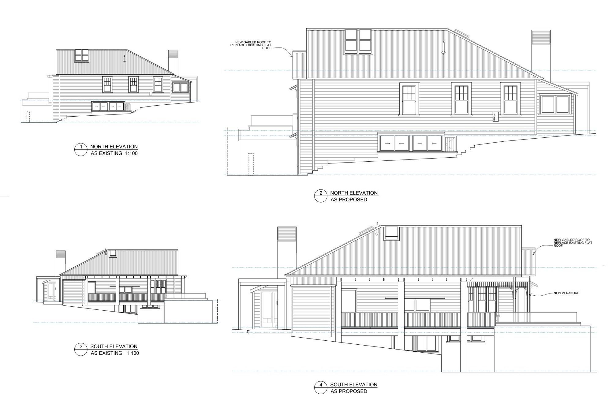 Existing and proposed north elevations (top) and existing and proposed south elevations (bottom).