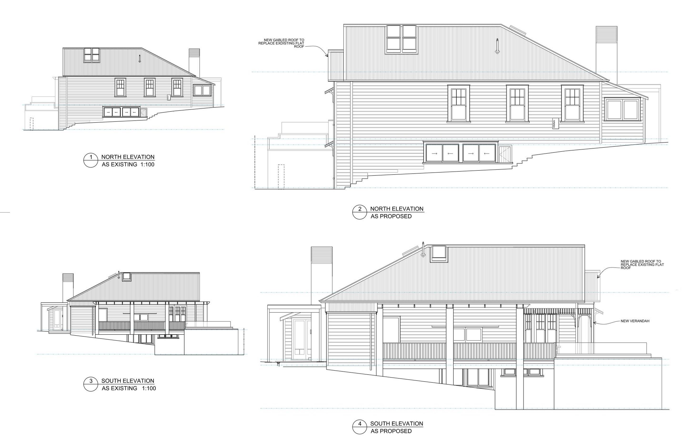 Existing and proposed north elevations (top) and existing and proposed south elevations (bottom).