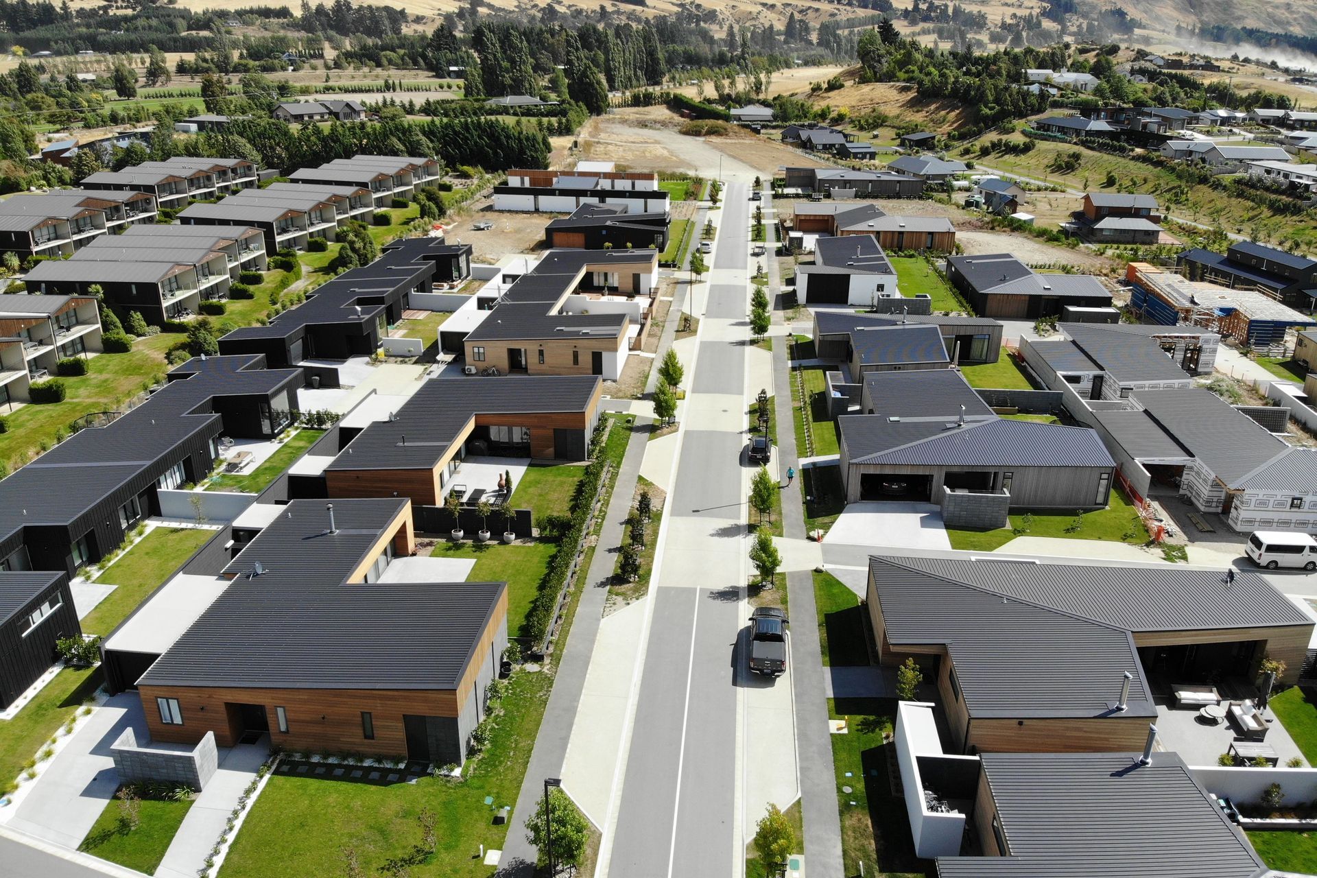 An aerial drone shot of the Stackbrae Housing development of 31 houses, both stand-alone and duplex, taken earlier in 2019 with a few remaining houses to be built or completed.