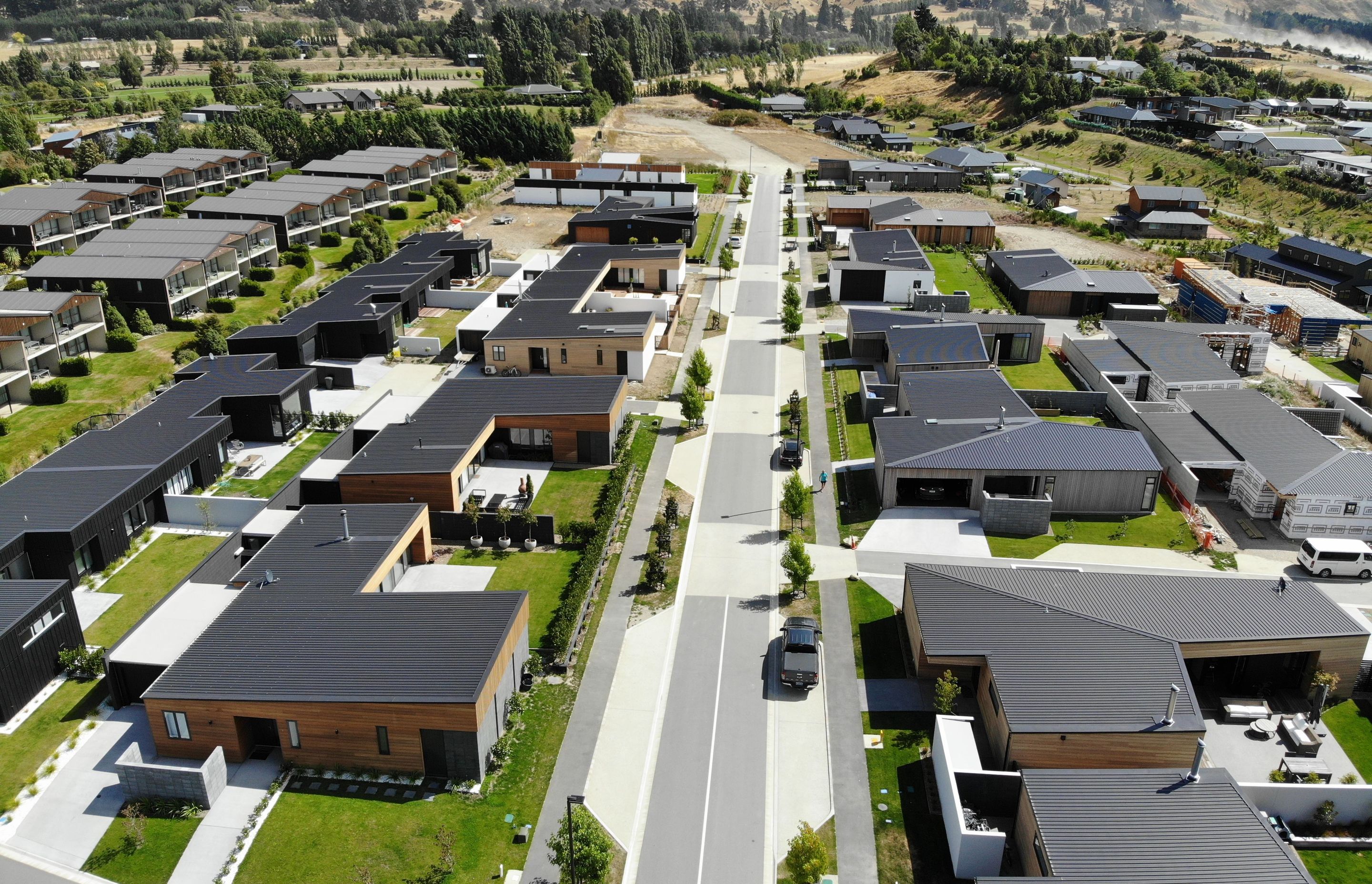 An aerial drone shot of the Stackbrae Housing development of 31 houses, both stand-alone and duplex, taken earlier in 2019 with a few remaining houses to be built or completed.