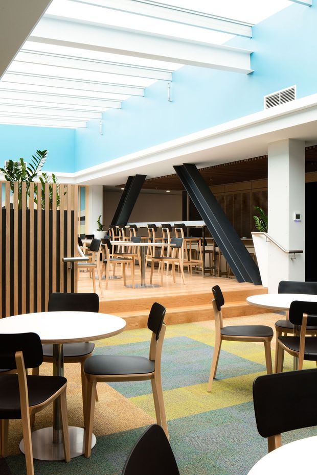 Bright contemporary commercial interior resembling a café, hospitality venue, or communal dining space. The open multi-level room features pale blue walls, extensive linear skylights or clerestory glazing, white structural beams, dark angled columns, a timber ceiling section, light timber flooring and steps, vertical timber screening, and numerous round white tables with black and timber chairs. A colourful geometric carpet defines the foreground seating area.