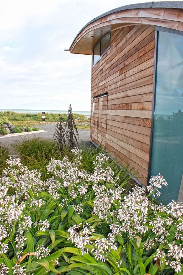 Exterior view of a curved-roof coastal building clad in horizontal weathered timber boards, with tall glazed openings and landscaped native-style planting in the foreground. A sandy shoreline and ocean are visible beyond the site.