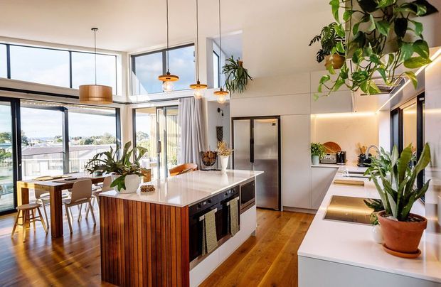 Bright open-plan kitchen and dining area with a large white island featuring vertical timber panelling, integrated seating, white cabinetry and benchtops, stainless-steel appliances, timber flooring, pendant lighting, and abundant indoor plants. Floor-to-ceiling corner glazing provides expansive views and natural light.