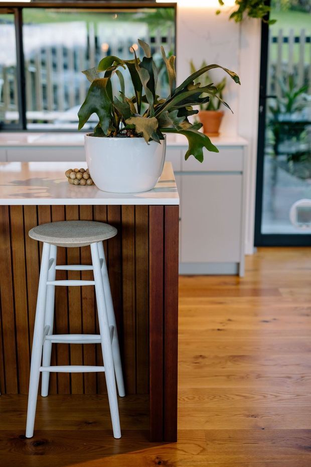 A warmly lit kitchen interior featuring a compact island or breakfast counter with a dark vertical timber-panelled base and a pale stone benchtop. A white bar stool sits beneath the counter, while a large potted plant provides a natural focal point. White cabinetry, timber flooring, generous glazing, and a glazed exterior door create a bright, contemporary setting.