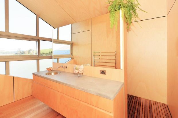 Warm timber-lined bathroom with a floating vanity, integrated basin, pale stone benchtop, wall-mounted towel rail, and large angular windows overlooking a landscape. A hanging fern adds greenery, while dark timber slatted flooring defines the shower or wet area.