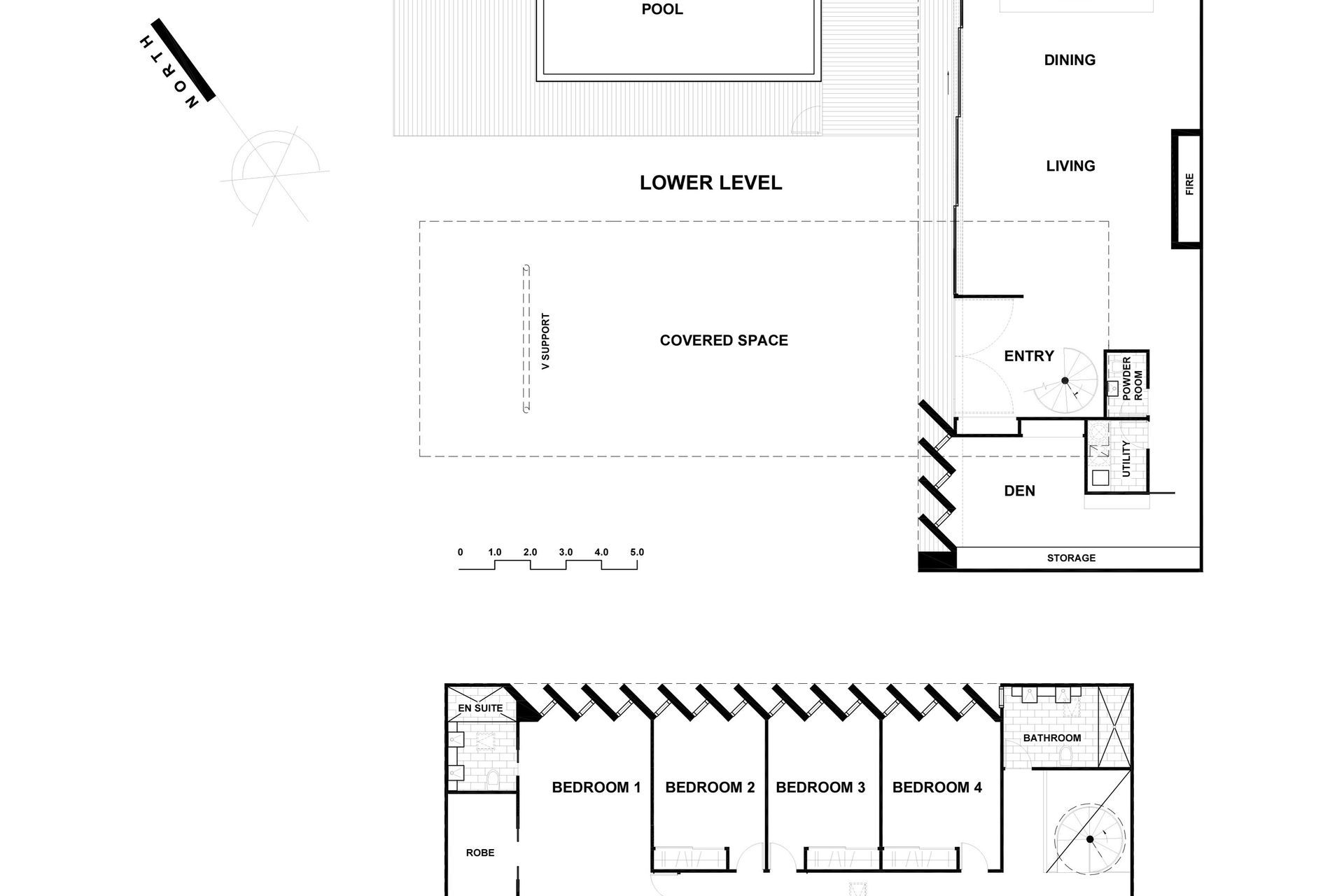 Floor plan of Takapuna House's upper and lower levels.