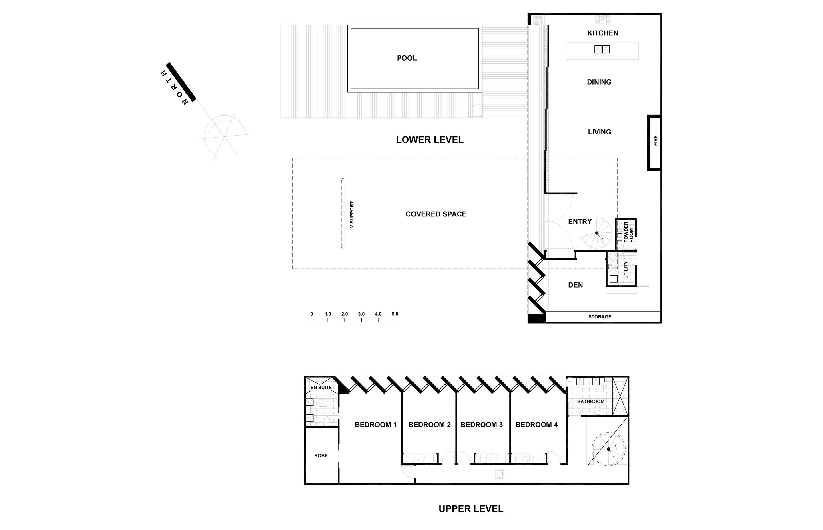 Floor plan of Takapuna House's upper and lower levels.