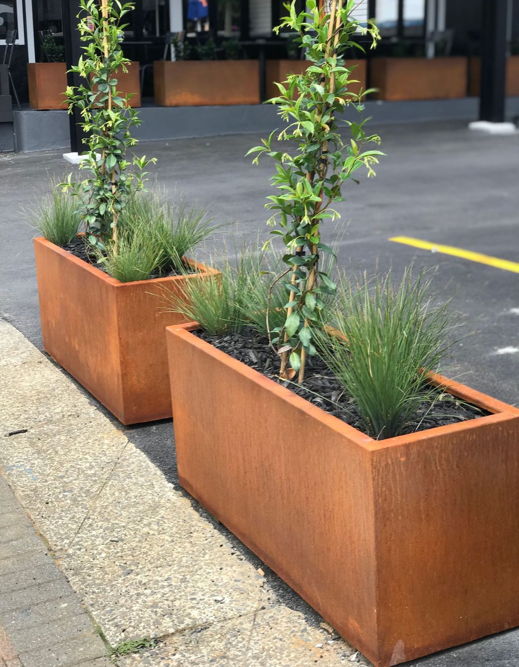Solid and heavy, filled planters acting as a threshold barrier for the private car park.