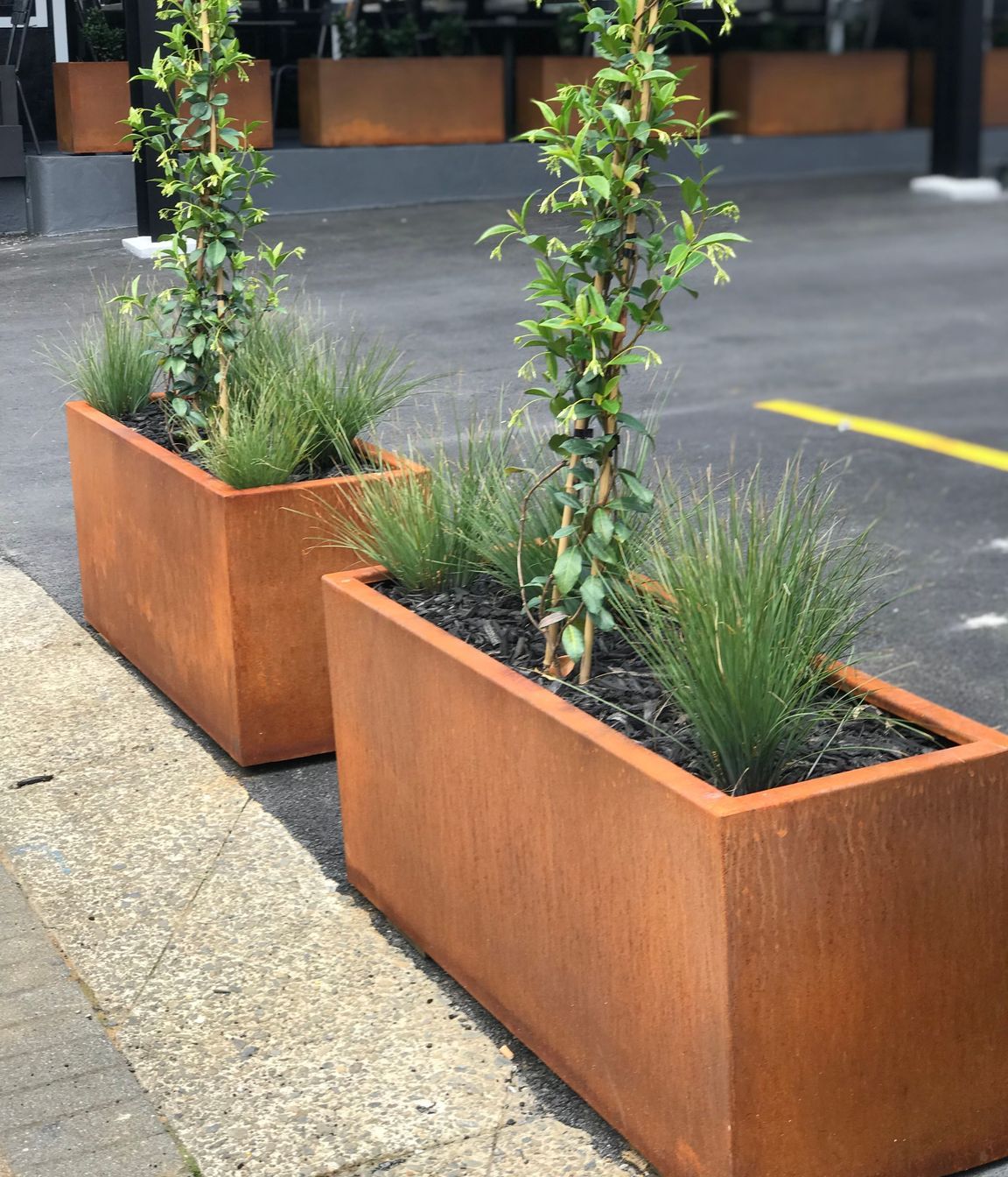 Solid and heavy, filled planters acting as a threshold barrier for the private car park.