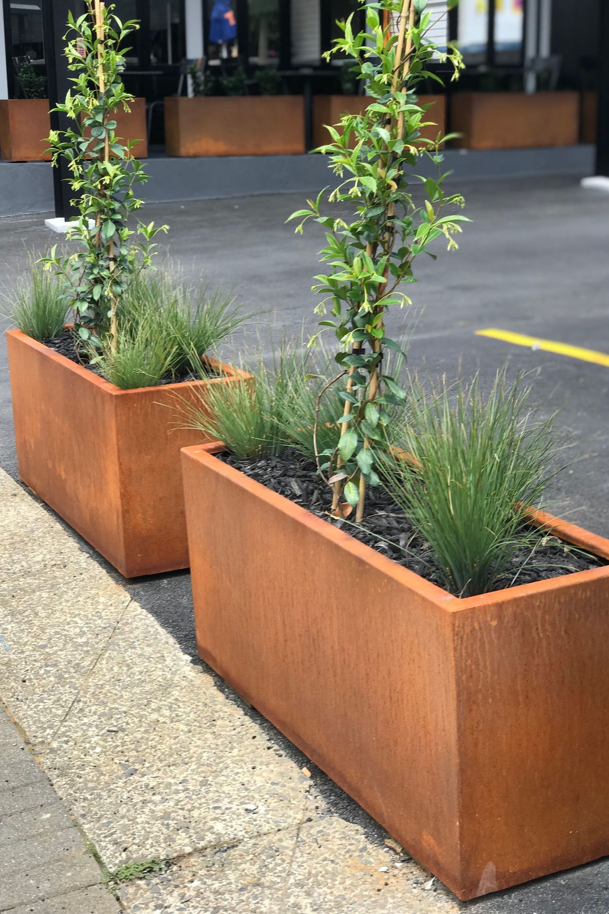 Solid and heavy, filled planters acting as a threshold barrier for the private car park.