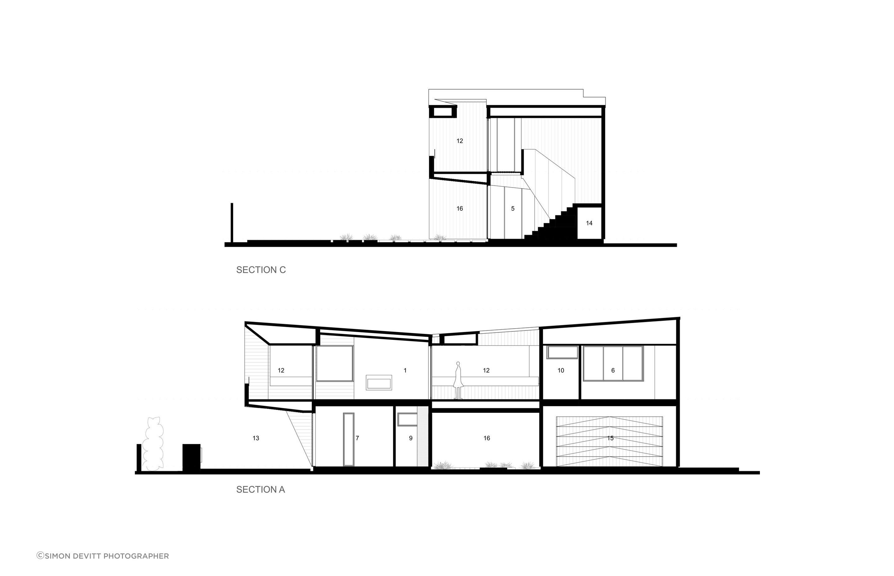 Cross sections of Te Whare Rakau by Julian Guthrie Architecture.. The numbering of the spaces relates to the numbering on the floor plans seen above.