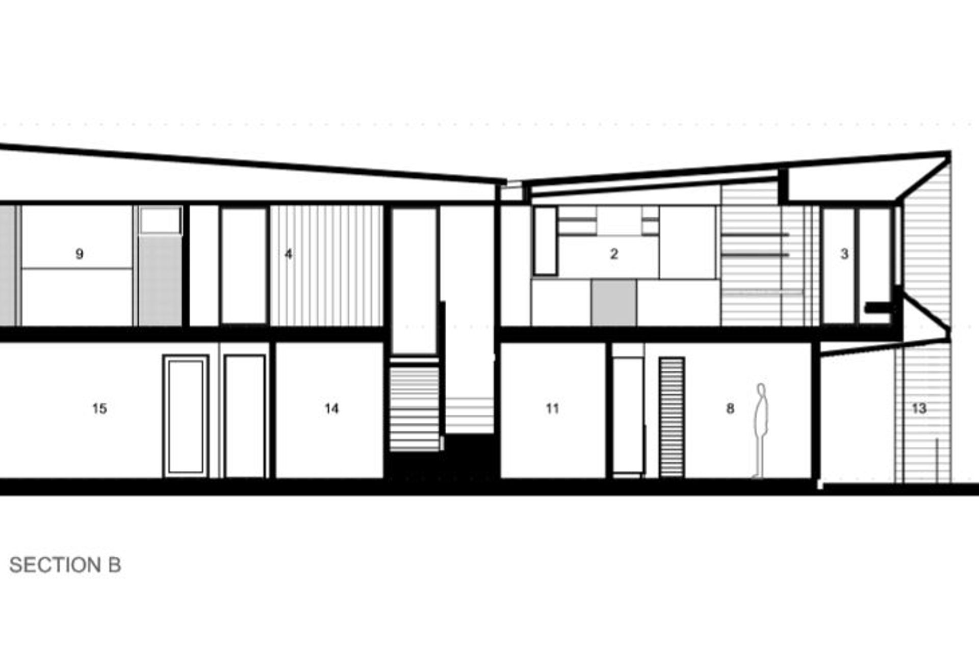 A cross section of the house by Julian Guthrie Architecture.. The numbering of the spaces relates to the numbering on the floor plans seen above.