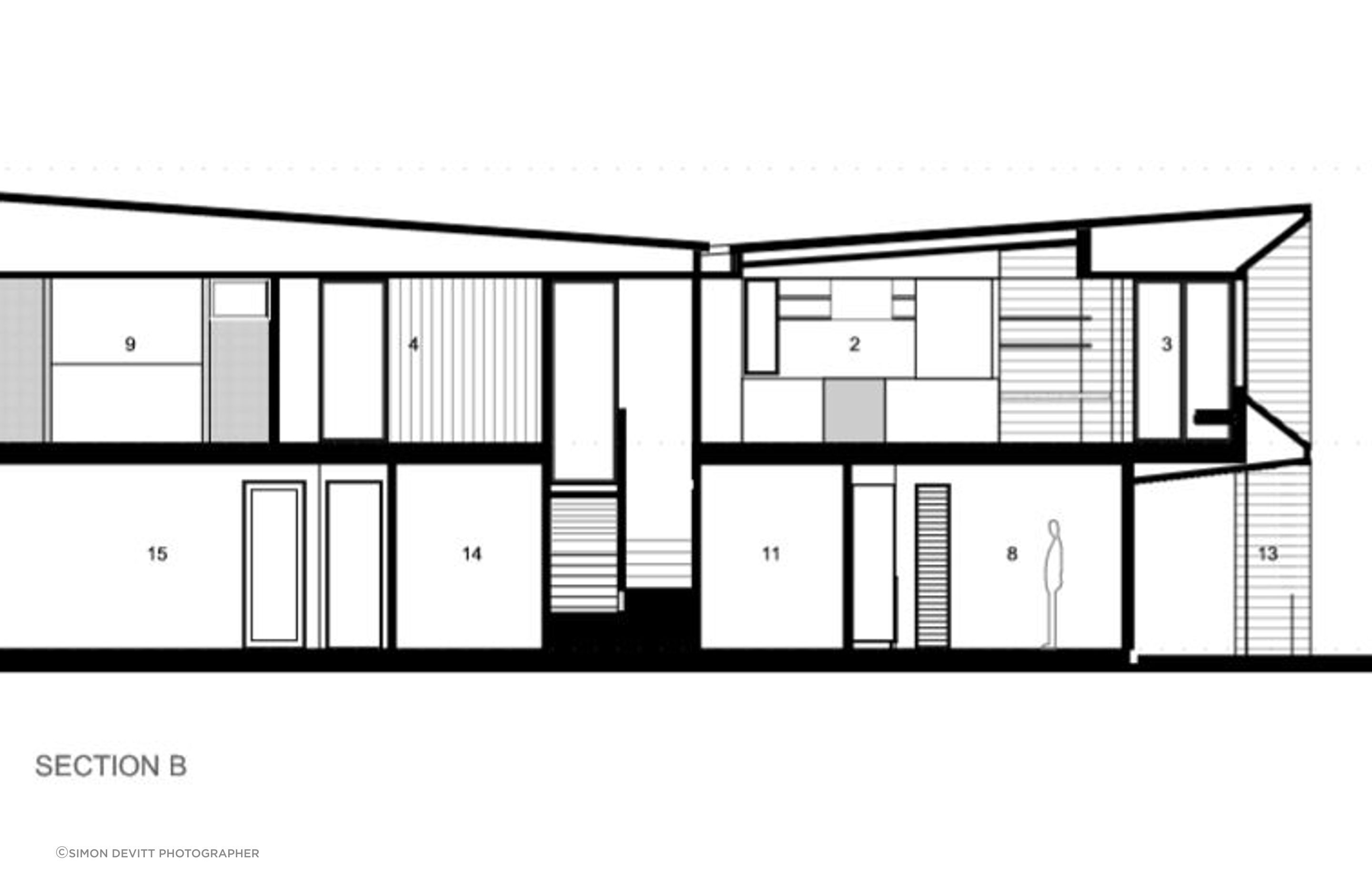 A cross section of the house by Julian Guthrie Architecture.. The numbering of the spaces relates to the numbering on the floor plans seen above.