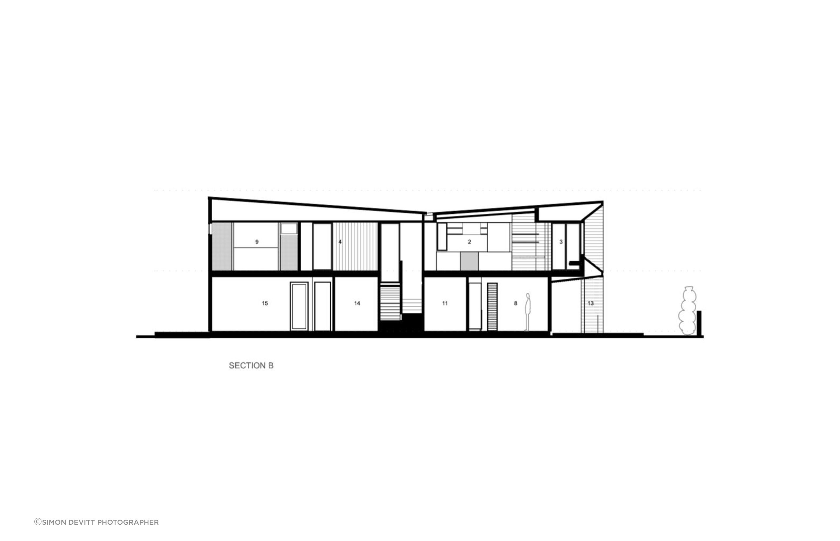 A cross section of the house by Julian Guthrie Architecture.. The numbering of the spaces relates to the numbering on the floor plans seen above.