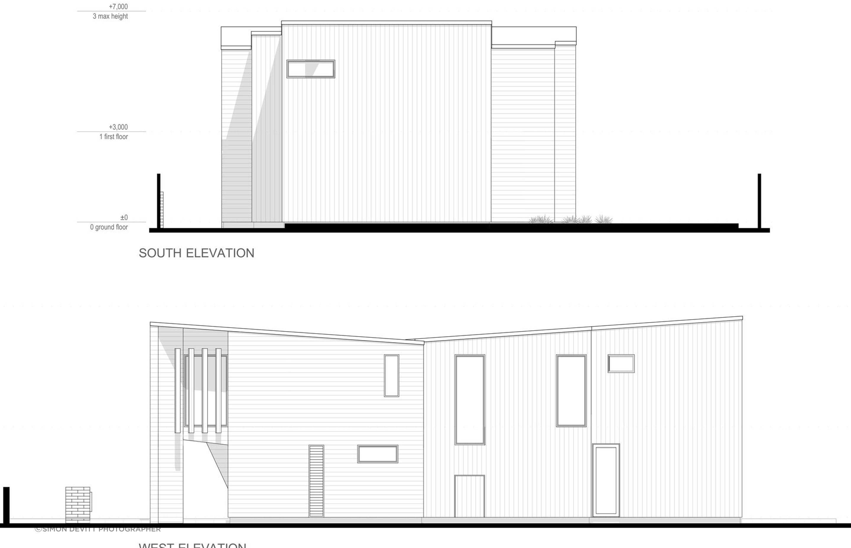 South and west-facing elevations of Te Whare Rakau by Julian Guthrie Architecture.. 