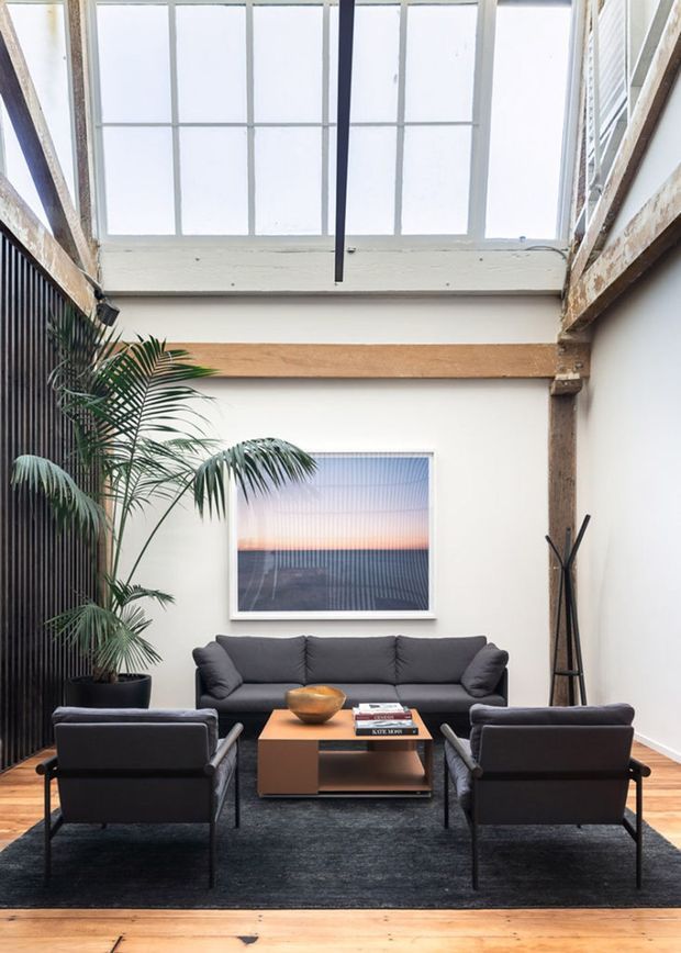 Bright double-height living room with a large overhead skylight, exposed timber beams and posts, white walls, and timber flooring. A dark grey sofa and matching armchairs surround a low timber coffee table on a dark rug. A tall indoor palm and framed artwork add warmth, while black vertical screening and an upper-level railing create a loft-like architectural character.