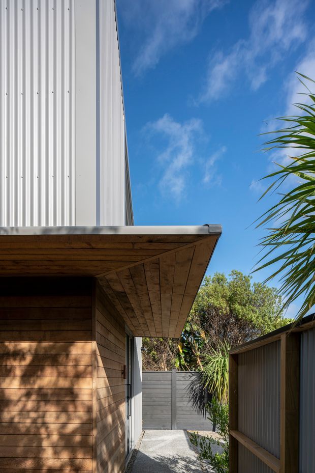 A narrow exterior passage beside a contemporary building, featuring vertically ribbed light-coloured metal cladding above warm horizontal timber wall cladding. A broad timber-lined overhang projects over the walkway, with a grey metal boundary gate and fencing at the end. Native-style planting frames the right side beneath a clear blue sky.