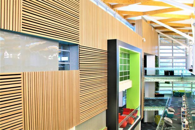 Bright, multi-level commercial interior with extensive vertical timber slat wall cladding, exposed timber ceiling beams, and open structural framing. A tall black-framed display niche with vivid green backing and shelving forms a feature element, while glass balustrades and visible work or retail areas extend through the space.