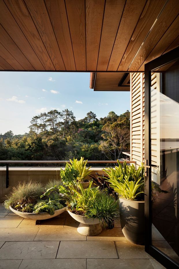 A warm, timber-lined covered terrace or balcony overlooking a densely vegetated landscape. The space features large rectangular stone-paved flooring, dark metal-framed glazing and balustrades, timber louvred screening, and several substantial planters with ornamental greenery. The partially open roof and expansive view create a strong indoor-outdoor connection.