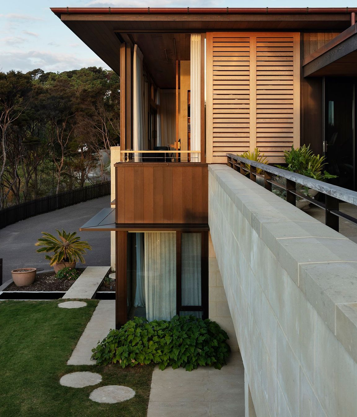 Looking along the balcony of the upstairs terrace over the lower driveway.