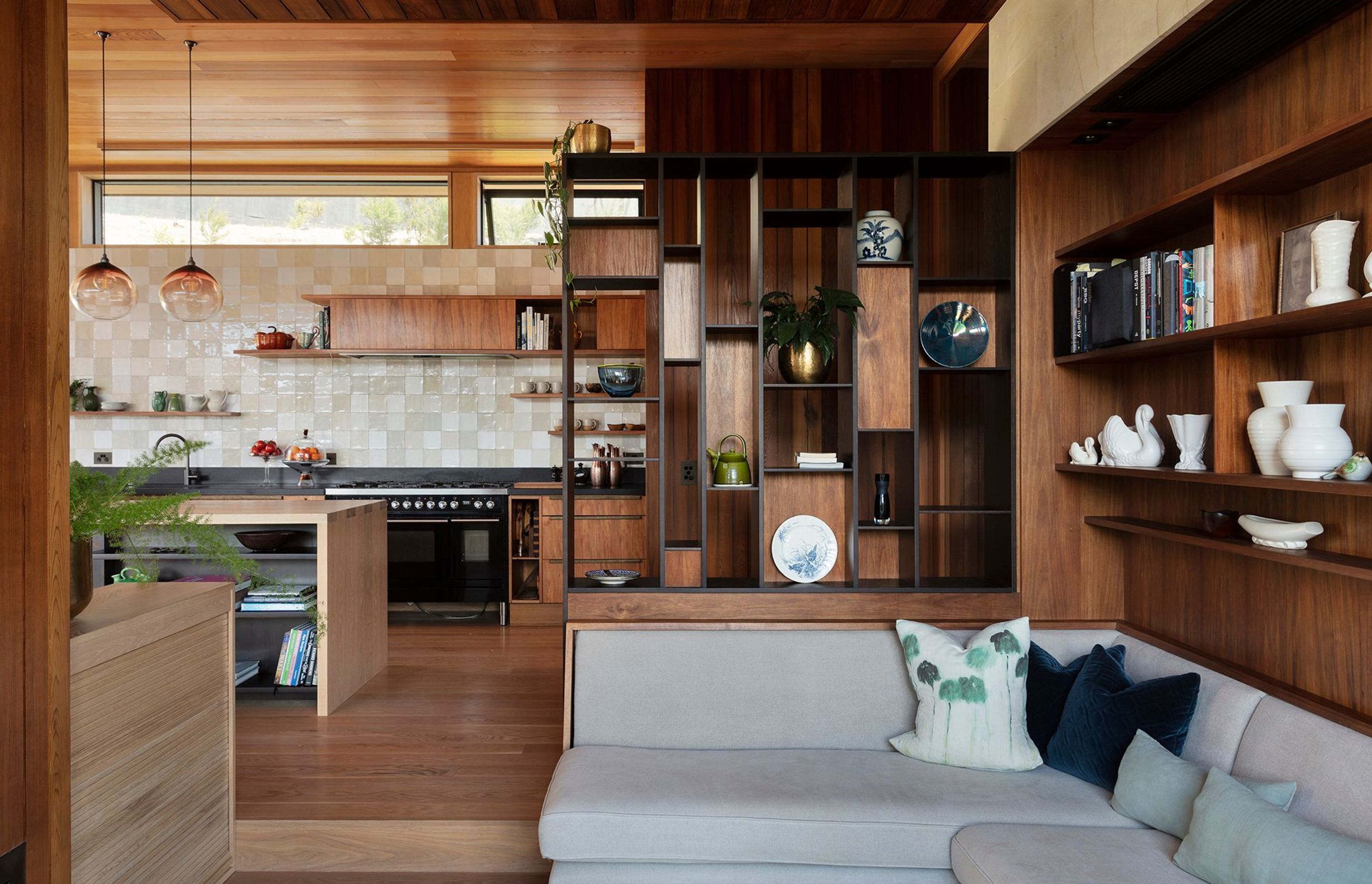 The kitchen and snug feature built-in timber cabinetry. The kitchen tiles were inspired by the artist Rembrant's own kitchen in his home in Amsterdam.