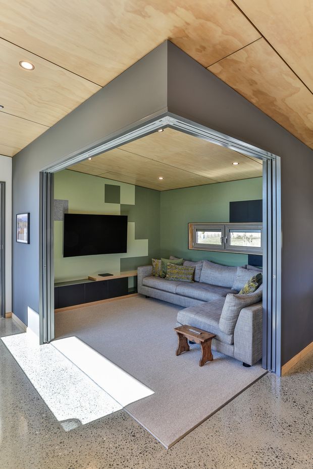 A compact contemporary media or living room viewed through a wide metal-framed opening. The room features a grey sectional sofa, wall-mounted television with low dark joinery, muted green geometric wall treatment, pale timber plywood ceiling, carpet flooring, and high horizontal windows. The surrounding space has polished exposed aggregate concrete flooring and strong natural light.