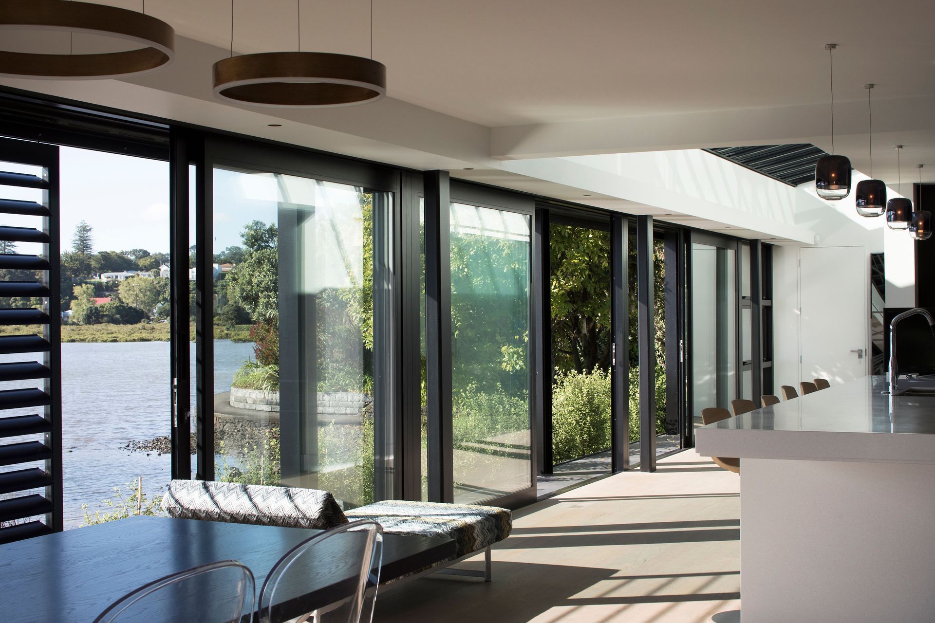 At high tide, the kitchen and dining area sits right beside the water.