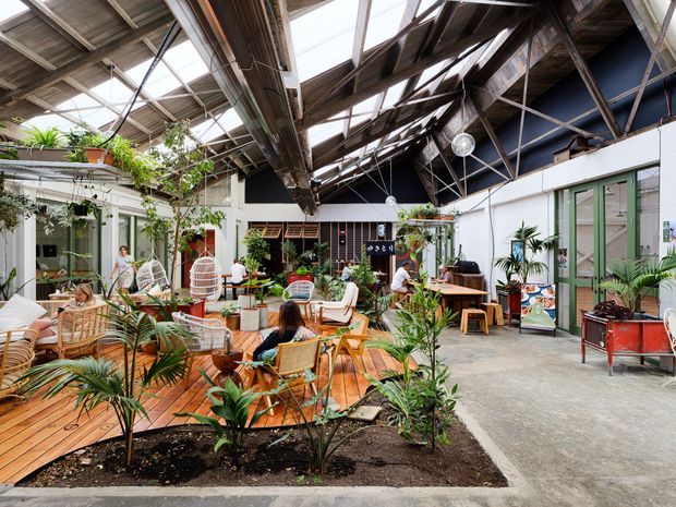A bright, plant-filled indoor-outdoor courtyard or atrium with a relaxed cafe-style seating area. The space features a large exposed industrial roof structure with translucent panels, exposed beams and services, white and dark painted walls, green-framed glazed doors, timber decking, concrete paving, extensive potted and planted greenery, and eclectic timber and woven furniture.