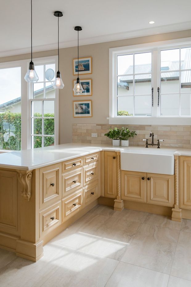 Bright, traditional-style kitchen with warm cream-painted raised-panel cabinetry, a white farmhouse sink, pale stone benchtops, and a beige tiled splashback and floor. Large white-paned windows and glazed doors bring in abundant natural light, while three pendant lights hang above the island. Decorative framed artwork and potted greenery add homely detail.