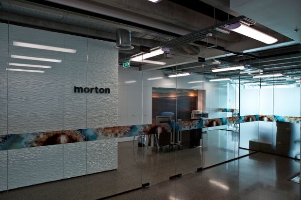 A contemporary commercial office interior with a reception or meeting area behind full-height clear glass partitions. The space features exposed mechanical services and cable trays, suspended linear fluorescent lighting, polished concrete flooring, textured white wall cladding, and a decorative horizontal glass film band with an abstract organic pattern. The Morton logo is mounted on the textured feature wall.