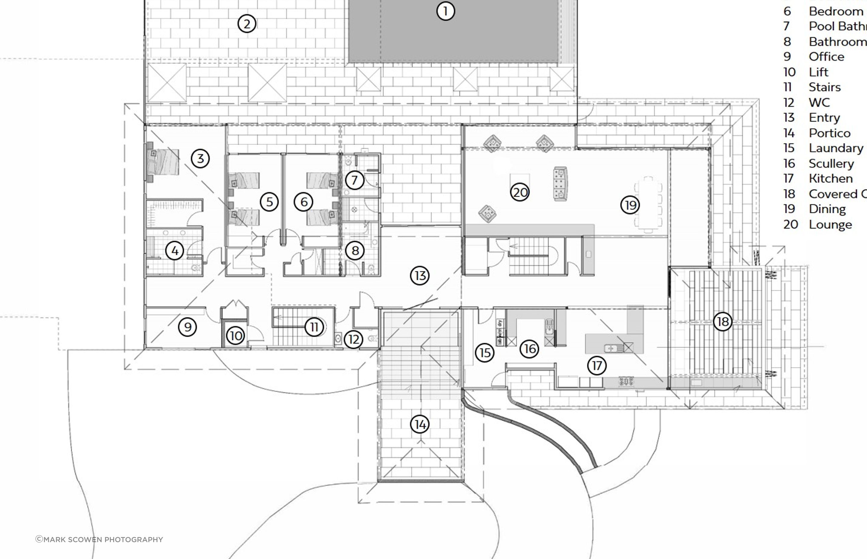 The first-floor plan of Three Kings House by Arcline Architecture. 