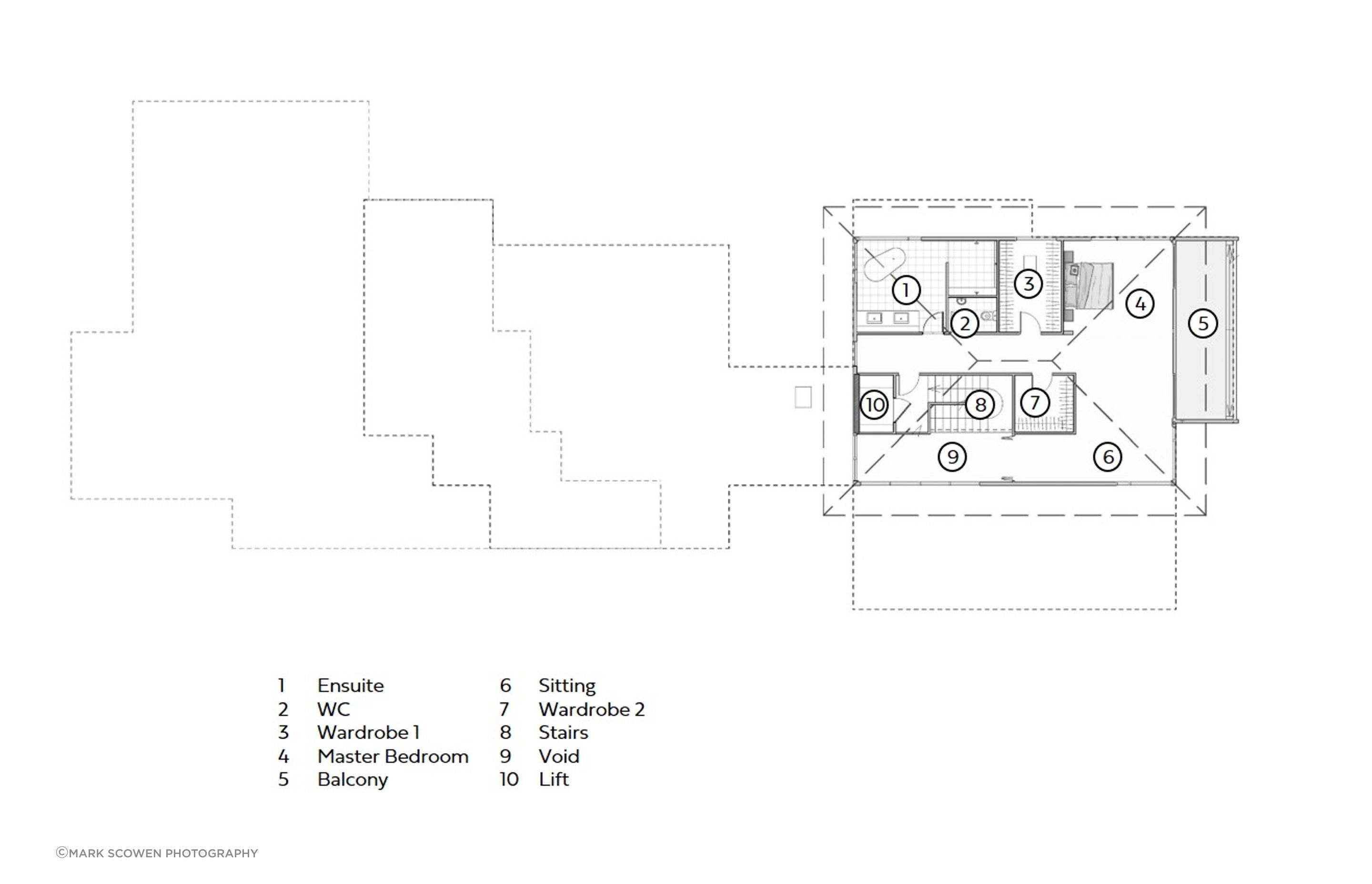 The second-floor plan of Three Kings House by Arcline Architecture. 