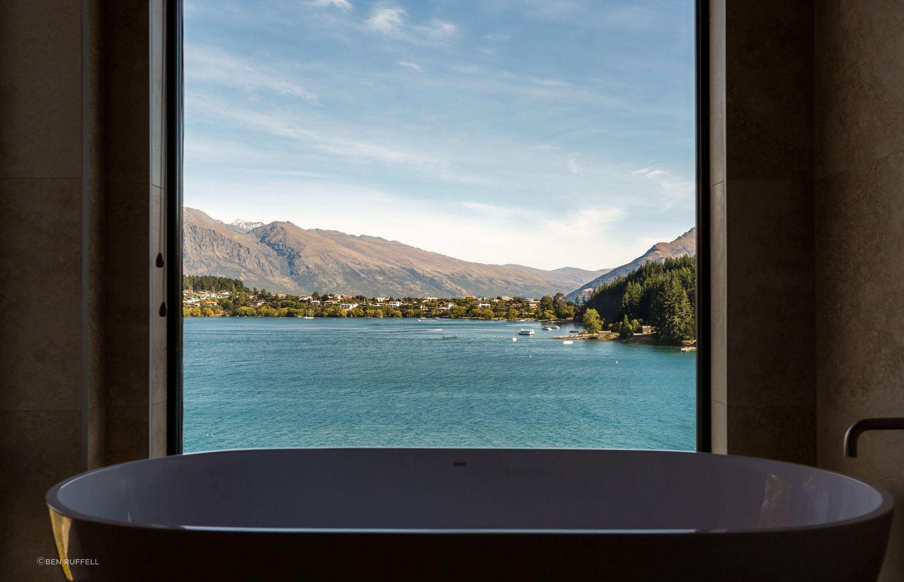 A room with a view: the main ensuite provides stunning views across Lake Wakatipu.
