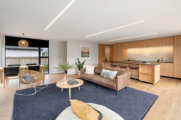 Open-plan contemporary living, dining and kitchen interior with light timber flooring, extensive warm timber kitchen cabinetry, a central island with bar stools, and a brown sofa arranged around a round coffee table. A large dark blue area rug defines the living zone, with woven lounge chairs, indoor plants, artwork, pendant lighting and linear recessed ceiling lights. Glazing opens to an outdoor area, creating a bright, refined and inviting space.
