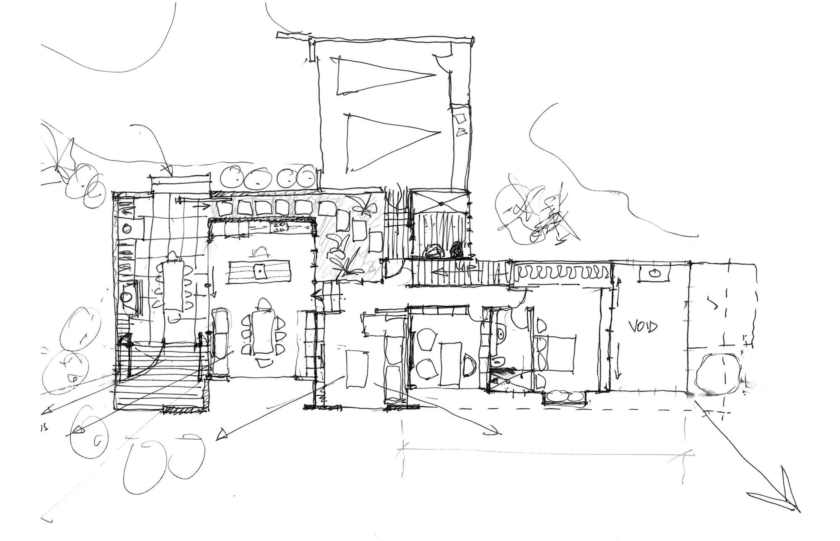 Early architect's sketch of the upper-level plan of Oneroa House, courtesy of SGA.
